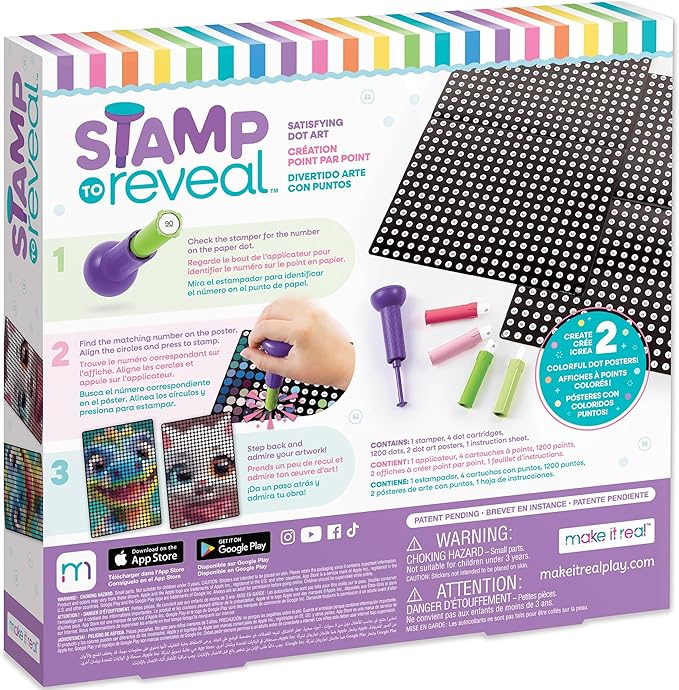 Make It Real: Stamp to Reveal Cool Cat & Smily Dino - DIY Dot Poster Character, 11x16.5, Craft Kit, Artwork Activity, Girls & Kids Ages 6+