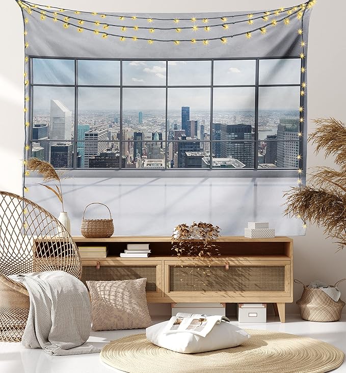 Ambesonne City Tapestry Queen Size, Clean Office with Big Window Downtown Skyscraper Buildings Domestic Cityscape Art, Wall Hanging Bedspread Bed Cover Wall Decor, 88" X 88", Grey White