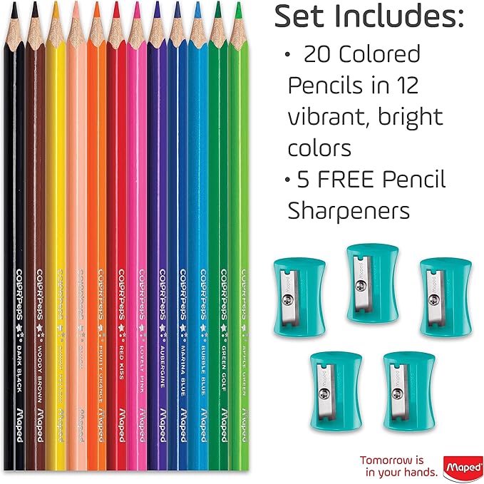 Maped - Color'Peps Triangular Colored Pencils School Pack - 240 Pack + 5 FREE Pencil Sharpeners - Vibrant Colors