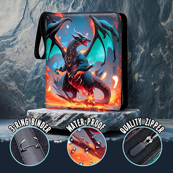 Trading Card Binder 9-Pocket – Premium PU Leather Card Album, Holds 900 Cards, 50 Removable Sleeves, Zippered 3-Ring Case for TCG/Sports Cards + Metal Keychain