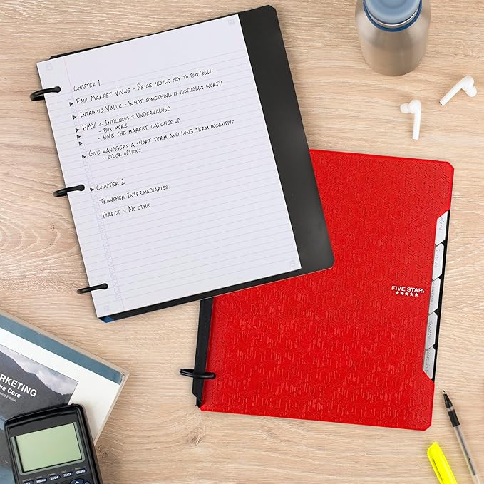 Five Star Flex Refillable Notebook + Study App,College Ruled Paper and 1 Inch TechLock Ring Binder with Pockets,Tabs and Dividers,200 Sheet Capacity,Fire Red (29328AB2),(Pack of 6)