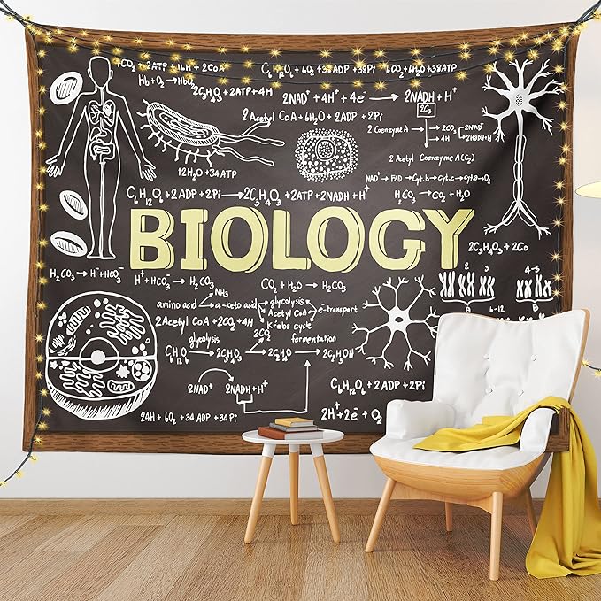 Ambesonne Science Tapestry, Black Chalkboard Biology Hand Written, Wide Wall Hanging for Bedroom Living Room Dorm, 80" X 60", Black Brown Pale Yellow