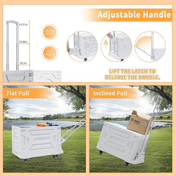 VECELO 23 GAL Modern Rolling Carts with Wheels, Foldable Utility Cart, Light Weight Platform Trucks Dolly, 4 Heavy Duty Wheels, Ideal for Shopping, Camping, Teachers, Pearl White