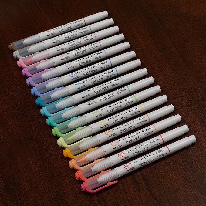 Zebra Pen Mildliner Double-Ended Brush Marker, Paint Brush-Like Tip and Fine Tip Marker Pen, Ideal for Creating Thick or Thin Strokes, No Bleed, Assorted Soft Colors, 15-Pack (79115)