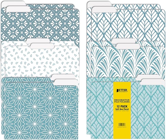 Better Office Products Decorative File Folders, 12 Pack, 6 Unique Designs, Heavyweight, Letter Size (9.5 x 11.5) with 1/3 Cut Tab, Soft Hue Floral Designs, Fashion Folders