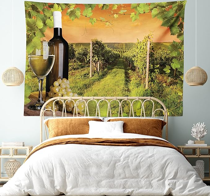 Ambesonne Winery Tapestry Twin Size, Bottle and Glass of Wine and Vineyards of Sunset Countryside Romantic Evening View, Wall Hanging Bedspread Bed Cover Wall Decor, 68" X 88", Orange Green