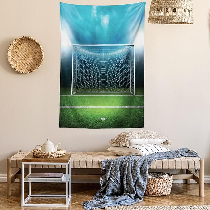 Ambesonne Soccer Tapestry Queen Size, Soccer Goal Post Sports Area Winner Loser Line Floodlit Best Team Finals Game Theme, Wall Hanging Bedspread Bed Cover Wall Decor, Queen Size, Green and Blue