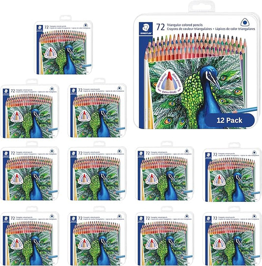 STAEDTLER Colored Pencils Set 12-Pack (12 Sets of 72 pcs) - Ergonomic Triangular Barrel, Smooth 4mm Lines, Wood - 72 Vibrant Colors in Tin, for Artists & Students, 864 Count