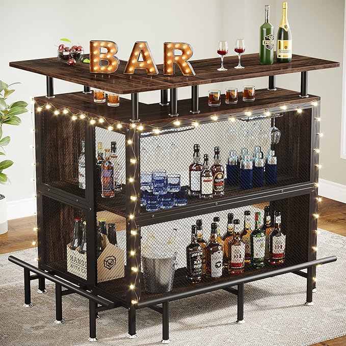 Tribesigns Home Bar Unit, L-Shaped Bar Table with Stemware Racks and 2-Tier Shelves, Corner Mini Coffee Liquor Cabinet with Footrest for Home/Kitchen/Pub, Rustic Brown
