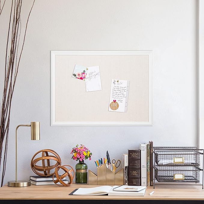U Brands Farmhouse Linen Bulletin Board, 24" x 18", White Wood Style Frame, Industrial Grade Pinning Surface