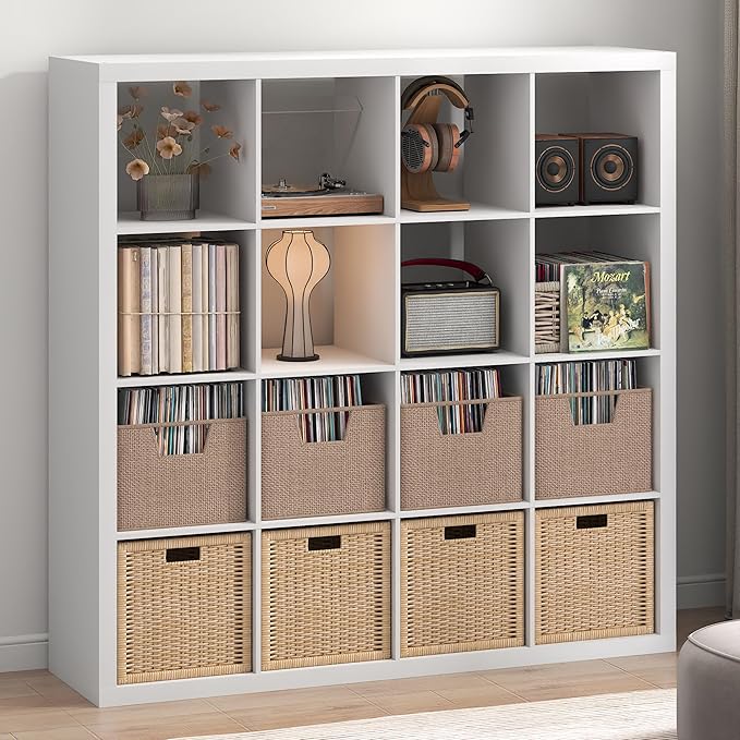 Furinno Cubicle Record Player Stand with Vinyl Storage, 16-Cube Vinyl Record Storage, 1.65" Triple Thick Open Back Media Shelf for CD DVD Blueray Game Disc, for Living Room, Home Office, White