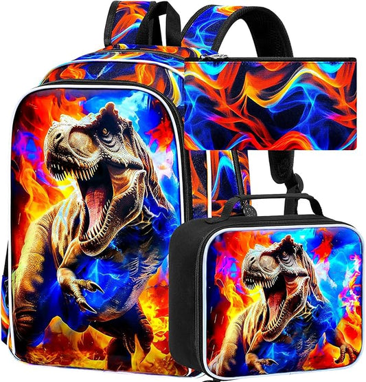 KLFVB 3PCS Boys Bookbag Set, 17" Dinosaur Bookbag and Lunch Box, Water Resistant Teenagers School Backpacks for Middle Elementary - Flame T-Rex