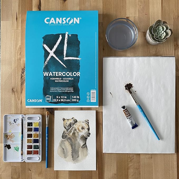 Canson XL Series Watercolor Cold Press Textured Paper Pad for Paint, Pencil, Ink, Charcoal, Pastel, and Acrylic, 140 lb. (300 GSM), Tape-Bound, 9" x 12", 30 Sheets/Pad, Pack of 3