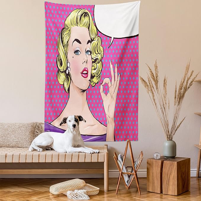 Ambesonne Vintage Tapestry, Pop Art Blonde Woman Making OK Sign on Dotted Background Retro Comic Book Design, Fabric Wall Hanging Decor for Bedroom Living Room Dorm, 23" X 28", Pink Blue