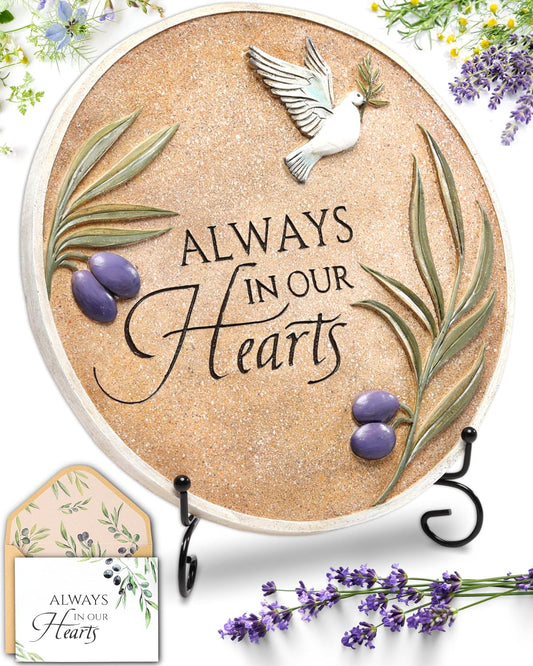 Spiritwind 10-Inch Garden Memorial Stone with Included Plaque Stand & Sympathy Card, Memorial Plaques for Outdoors with Peace Dove Amongst Olive Branches, Memorial Stepping Stone for Loss of Loved One