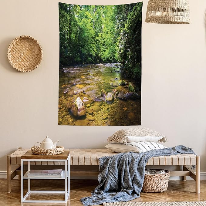 Ambesonne Appalachian Tapestry, Oconaluftee River at Smoky Mountains National Park, Wall Hanging for Bedroom Living Room Dorm Decor, 60" X 80", Lime Green Charcoal Grey
