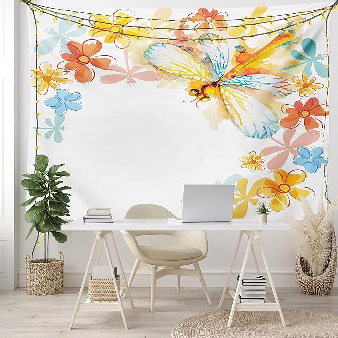 Ambesonne Dragonfly Tapestry, Abstract Grunge Vintage Design Moth Spring Flowers Floral Frame Art Print, Wide Wall Hanging for Bedroom Living Room Dorm, 60" X 40", Yellow Orange