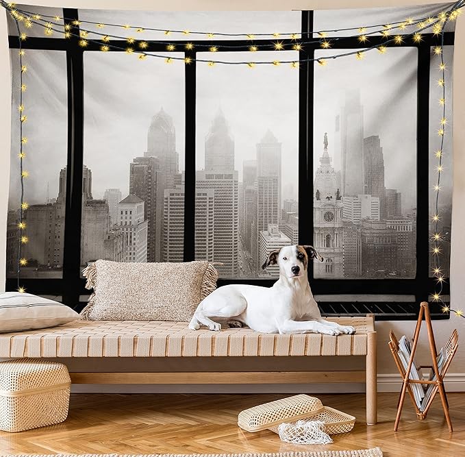 Ambesonne City Tapestry Queen Size, Philadelphia City Rooftop View Through Window Skyline Landmark Rooftop Travel, Wall Hanging Bedspread Bed Cover Wall Decor, 88" X 88", Grey Black