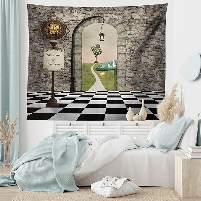 Ambesonne Alice in Wonderland Tapestry, Welcome Wonderland Black and White Floor Landscape Mushroom Lantern, Wide Wall Hanging for Bedroom Living Room Dorm, 80" X 60", Stone Black