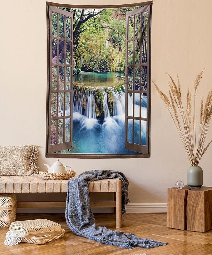 Ambesonne Waterfall Tapestry Twin Size, Wide Waterfall Deep down in the Forest Seen from a City Window Epic Surreal Print, Wall Hanging Bedspread Bed Cover Wall Decor, 68" X 88", Brown Black