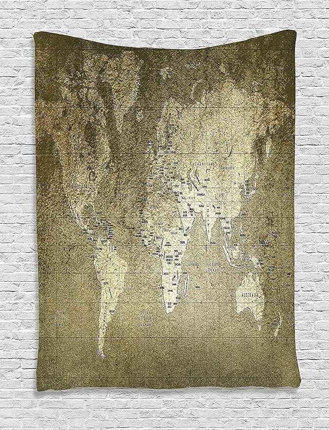 Ambesonne Antique Tapestry, Old World Map Texture Nostalgic Plan Atlas Trace of Life, Wall Hanging for Bedroom Living Room Dorm Decor, 60" X 80", Khaki Beige