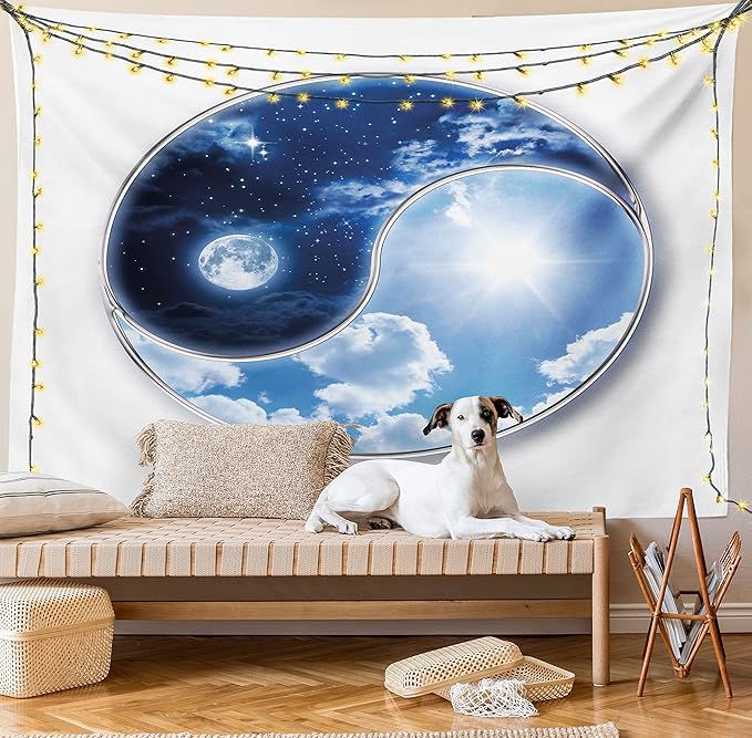 Ambesonne Space Tapestry, Yin Yang World Moon and Sun Harmony of the Universe Art Print, Fabric Wall Hanging Decor for Bedroom Living Room Dorm, 28" X 23", Navy Blue Sky Blue White
