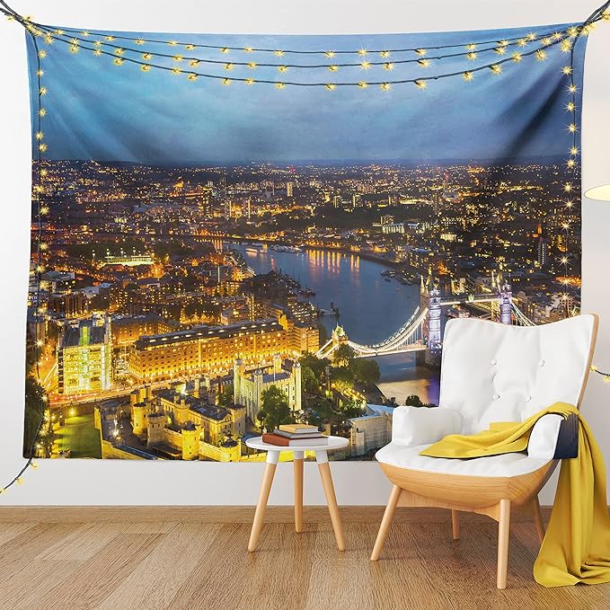 Ambesonne Modern Tapestry, Sunset at London England Cityscape Night Time and Tower Bridge Landmark Urban, Fabric Wall Hanging Decor for Bedroom Living Room Dorm, 30" X 45", Yellow Bluegrey