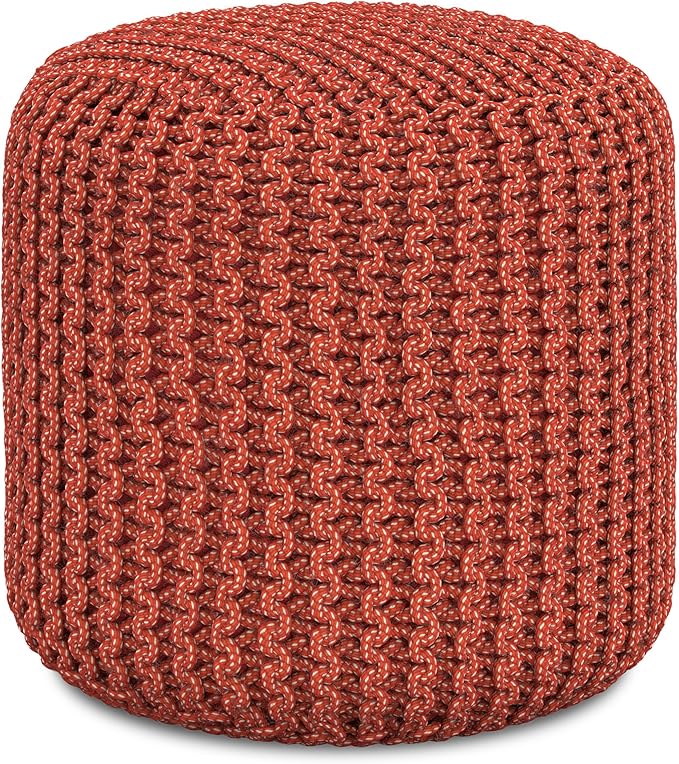 SIMPLIHOME Wynne Round Knitted Pouf - 18 inch Wide Upholstered PET Polyester Ottoman in Orange, Indoor/Outdoor Boho Footstool or Extra Seating for Living Room with Polystyrene Bead Filling, Assembled