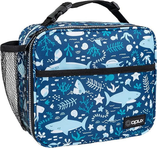 opux Insulated Lunch Bag Kids, Lunch Box for School Boy Girl, Leakproof Small Reusable Compact Soft Mini Cooler Bag, Toddler Small Lunch Boxes Kit Pail with Front Side Pockets (Blue Shark)