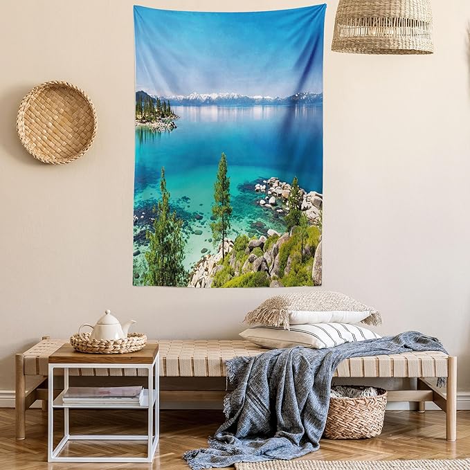 Ambesonne Blue Tapestry, Tranquil View of Lake Tahoe Sierra Pines on Rocks with Turquoise Waters Shoreline, Fabric Wall Hanging Decor for Bedroom Living Room Dorm, 30" X 45", Blue Grey Green