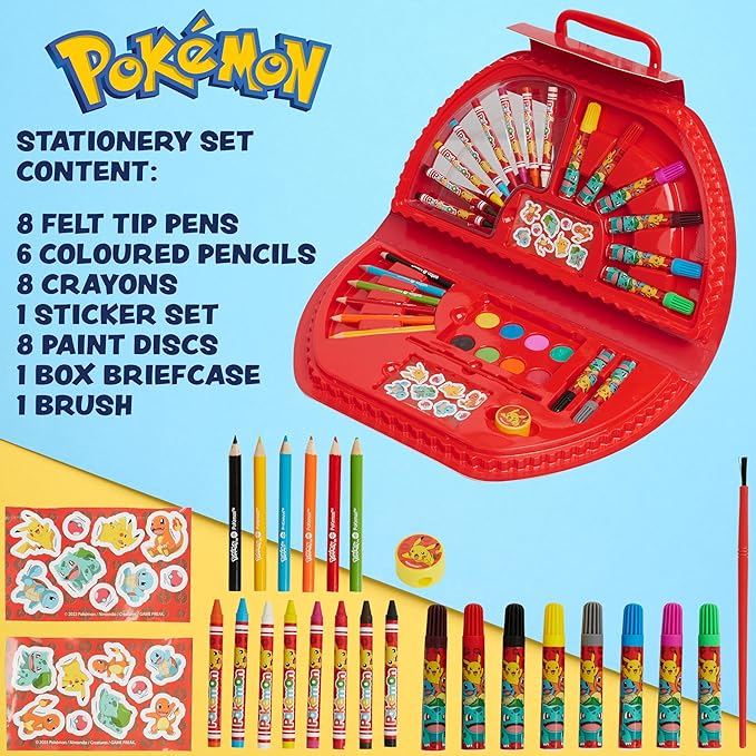Pokemon Art Set for Boys Girls Drawing Painting Kit Markers Crayons Colored Pencils School Supplies Anime Gifts for Kids (Red)