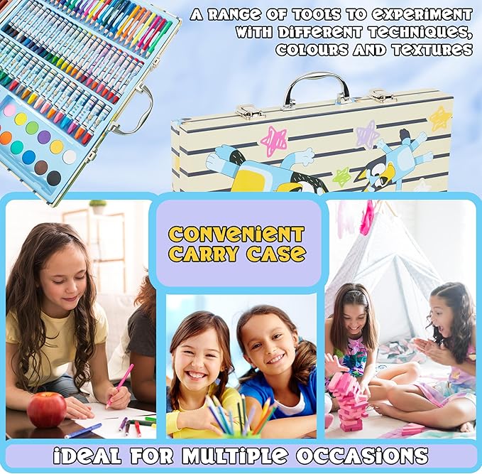 Bluey Colored Pencils Art Supplies for Boys Girls Drawing Kit Painting School Supplies Art Kit Travel Case Gifts for Kids (Blue Case)