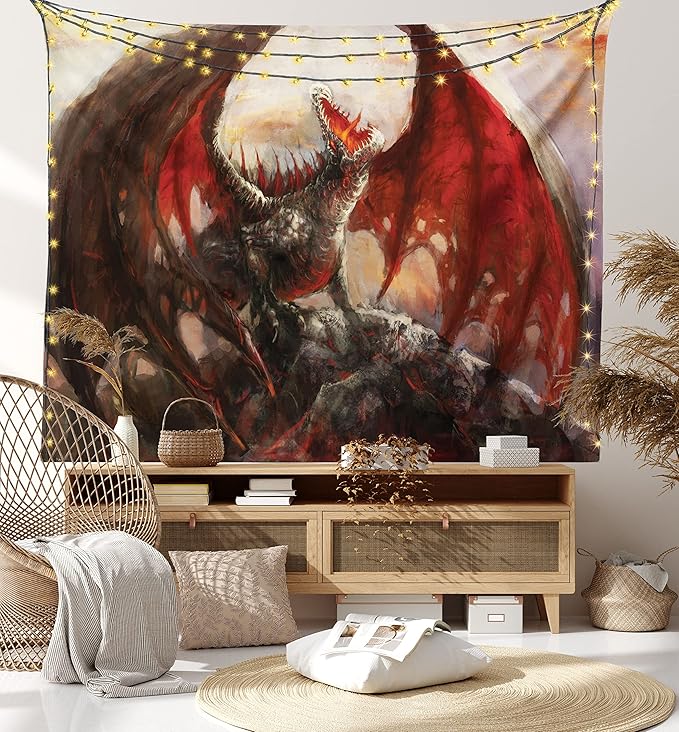 Ambesonne Fantasy World Tapestry, Majestic Dragon Resting on Mountain Mythological Fire-Spewing Creature Print, Fabric Wall Hanging Decor for Bedroom Living Room Dorm, 28" X 23", Brown Red