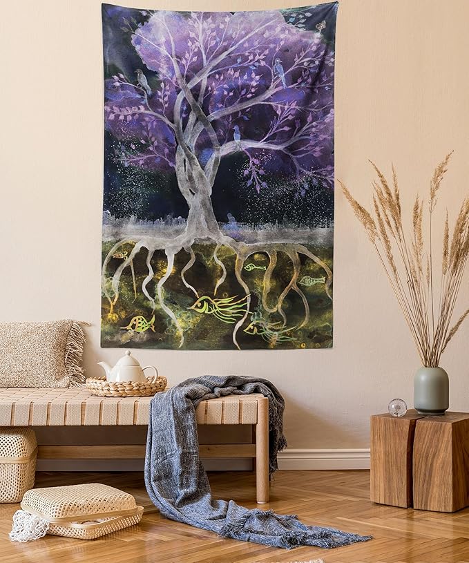 Ambesonne Tree of Life Tapestry, Psychedelic Mysterious Nature at Night Birds and Fishes Home Art, Fabric Wall Hanging Decor for Bedroom Living Room Dorm, 30" X 45", Purple Black