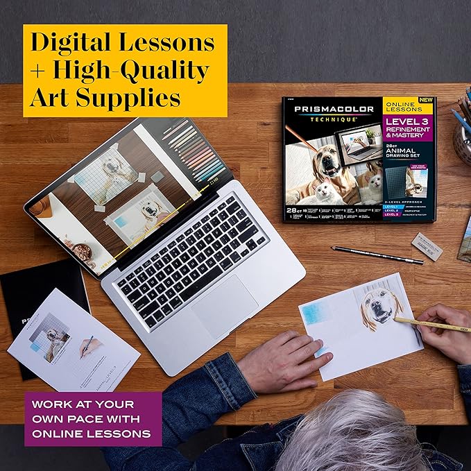 Prismacolor Technique, Art Supplies and Digital Art Lessons, Animal Drawings Set, Level 3, Includes Artist Roll Case, Dog, Cat & Pet Lesson, 28 Count