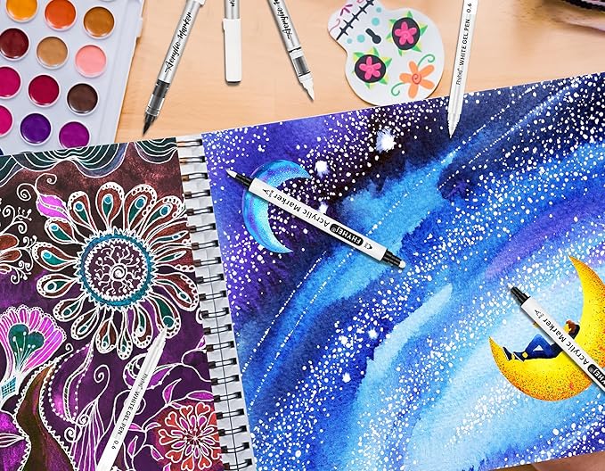 White Gel Pens Set of 7 – white Ink pen Dual-Tip Acrylic Paint Pen Brush Tip Acrylic Markers for Black Paper Drawing, Sketching, Illustration, Card Making