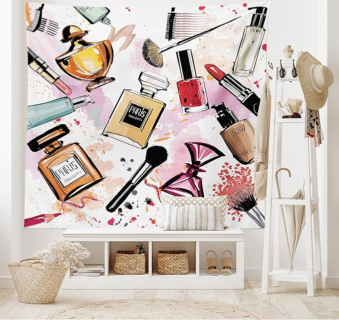 Ambesonne Fashion Tapestry, Cosmetic and Makeup Theme Pattern Perfume Lipstick Nail Polish Brush Modern, Wide Wall Hanging for Bedroom Living Room Dorm, 80" X 60", Coral White