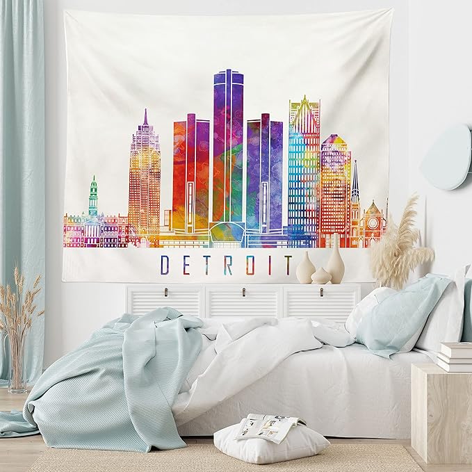 Ambesonne Detroit Tapestry King Size, Vibrant Colored Abstract Skyscrapers Modern Architecture Watercolor Style Landmarks, Wall Hanging Bedspread Bed Cover Wall Decor, 104" X 88", Ivory