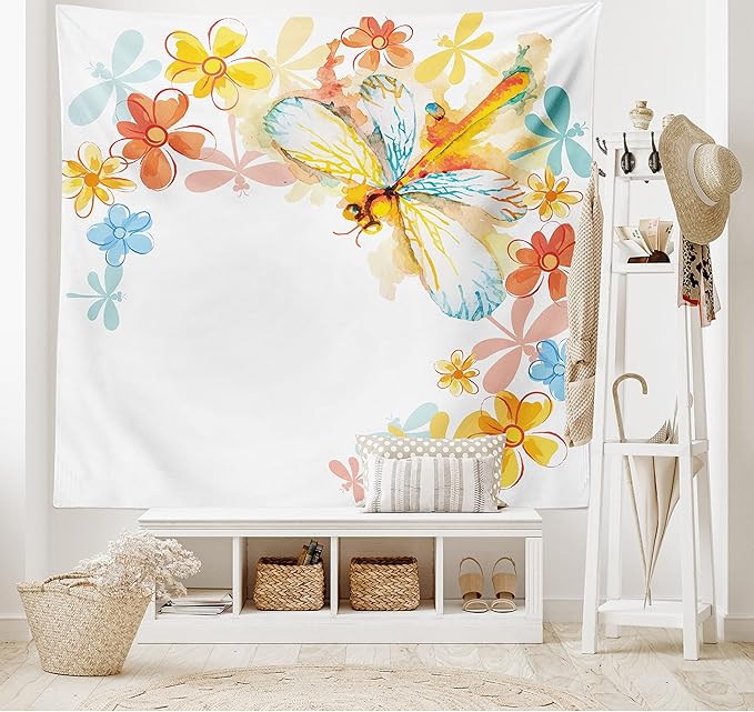 Ambesonne Dragonfly Tapestry Twin Size, Abstract Grunge Vintage Design Moth Spring Flowers Floral Frame Art Print, Wall Hanging Bedspread Bed Cover Wall Decor, 68" X 88", Yellow Orange