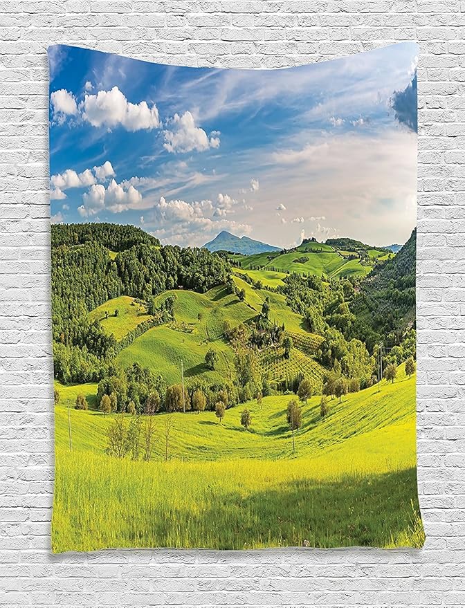 Ambesonne Tuscany Tapestry, Tuscany Italy Sunlight Homestead Plantation Farms Pathway Greenery Print, Wall Hanging for Bedroom Living Room Dorm Decor, 40" X 60", Sky Blue Apple Green