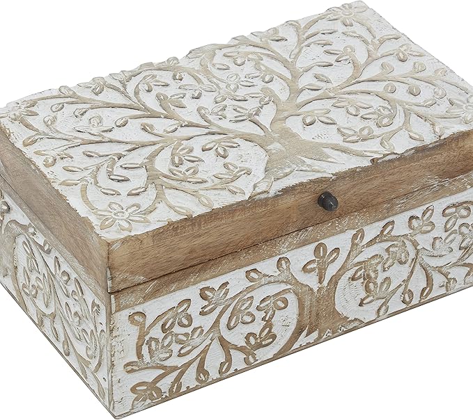 Deco 79 Mango Wood Floral Decorative Box Decorative Keepsake Boxes with Hinged Lid, Set of 3 Storage Boxes 8", 10", 12"W, Brown