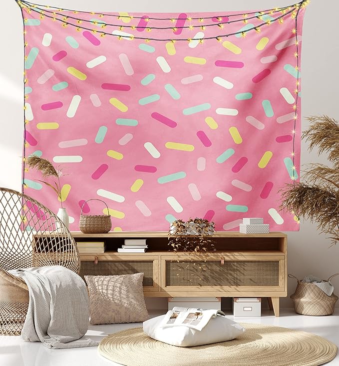 Ambesonne Pink and White Tapestry, Abstract Pattern of Colorful Donut Sprinkles Tasty Food Bakery Theme, Wall Hanging for Bedroom Living Room Dorm Decor, 40" X 60", Pink Yellow