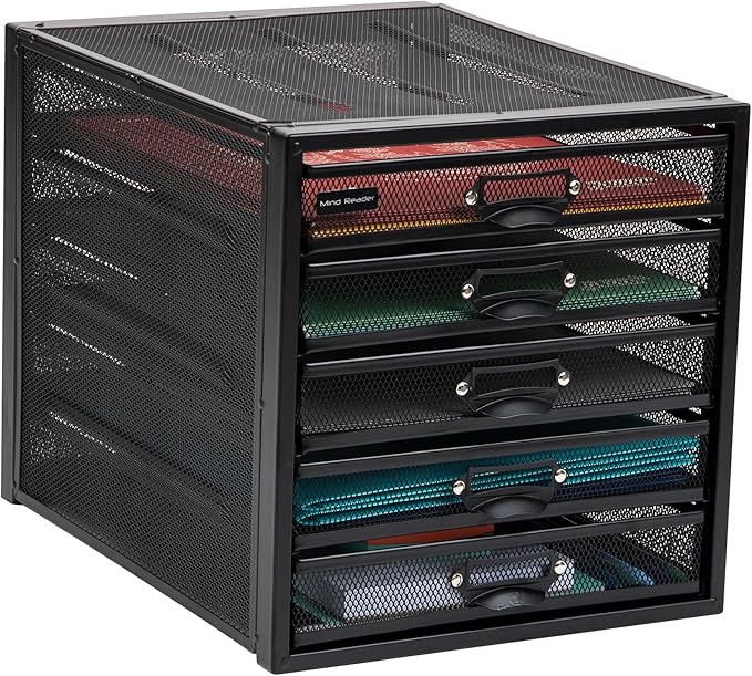 Mind Reader File Storage Drawers, Desk Organizer, Multi-Purpose, Crafts, Office, Metal Mesh, 11"L x 14"W x 11"H, Black, 5 Drawer