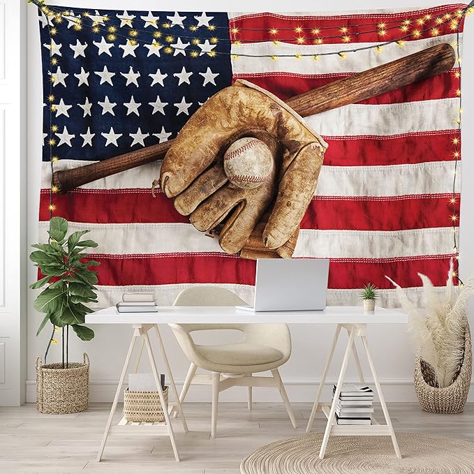 Ambesonne Baseball Tapestry, Vintage Baseball League Equipment Usa Grunge Glove Bat Fielding Sports Theme, Fabric Wall Hanging Decor for Bedroom Living Room Dorm, 45" X 30", Red Brown
