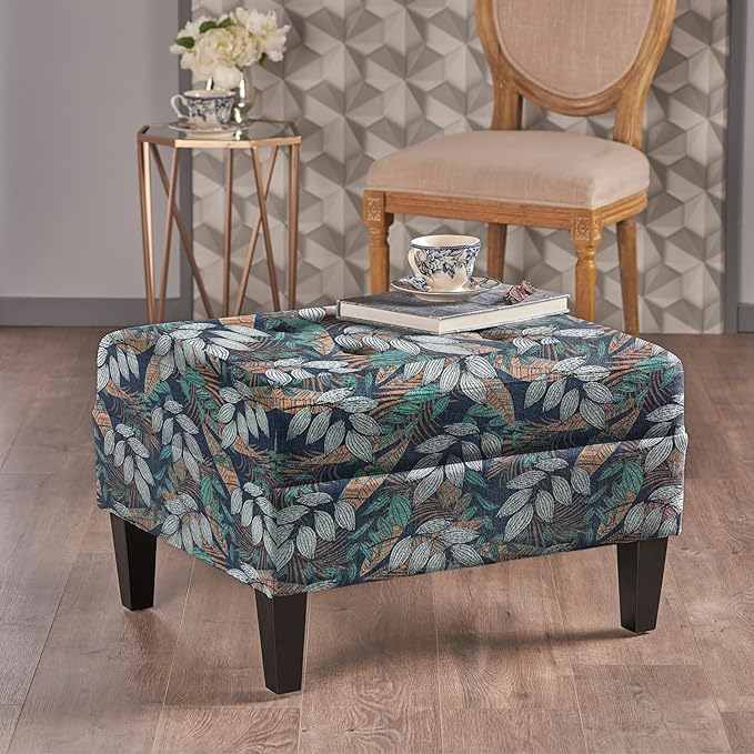 Christopher Knight Home Fabric Ottoman Footrest Rectangular Upholstered Non Storage Ottoman Foot Rest Stool with Tufted Stitching, 28.25 "W x 23 "D x 18.5 "H, Leaf Printed