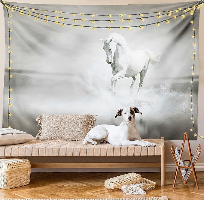 Ambesonne Horses Tapestry King Size, Wild Horse Running Through Water Dramatic for the Motivation of Life Art, Wall Hanging Bedspread Bed Cover Wall Decor, 104" X 88", Black and White
