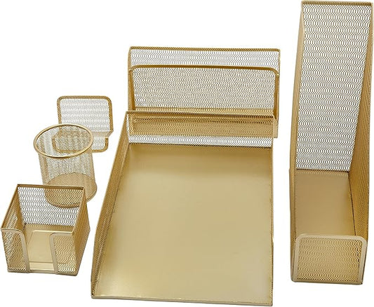 Martha Stewart Ryder Gold Mesh Metal 6 Piece Set Desktop Organizers and Accessories, Holds Files, Magazines, Letters, Pens, Sticky Notes and Business Cards
