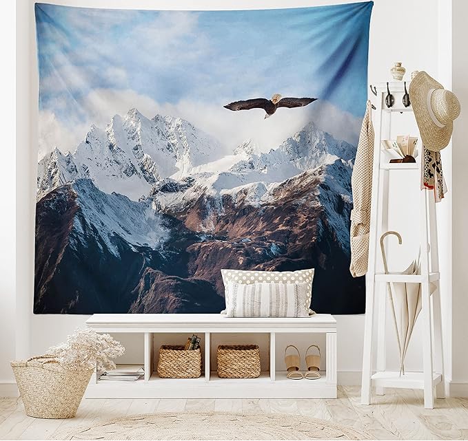 Ambesonne Mountain Tapestry, Frozen Peaks Tops of the Mountain with a Flying Eagle Free in Nature Photo, Wide Wall Hanging for Bedroom Living Room Dorm, 60" X 40", Brown White Blue