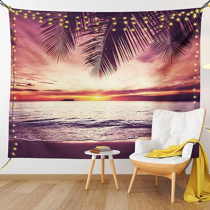 Ambesonne Palm Tree Tapestry, Tropical Beach Under Shadows at Sunset Ocean Waves Serenity of Paradise in Nature, Fabric Wall Hanging Decor for Bedroom Living Room Dorm, 45" X 30", Yellow Purple