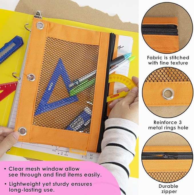 BAZIC PRODUCTS Pencil Pouch 3 Ring Binder Pouch w/Rivet Enforced Rings Holes, Pastel Color Mesh Window Zipper Pouchesr, 24-Pack